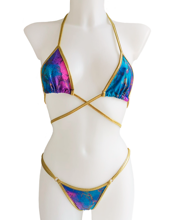 Bikini triángulo tanga brasileña SERPIENTE AZUL Y ROSA (dorado)